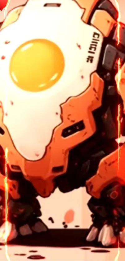 Orange robot with egg design and fiery accents on a wallpaper.