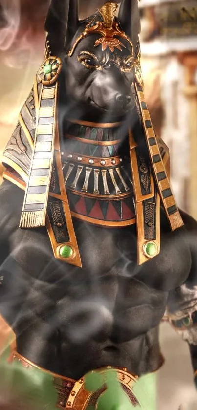 Anubis depicted as an Egyptian warrior with golden armor and mystical elements.