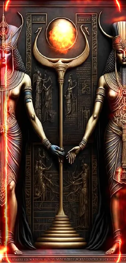 Artistic depiction of Egyptian deities in gold and blue hues for mobile wallpaper.