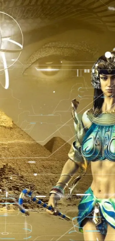 Wallpaper of a futuristic Egyptian goddess with pyramids and digital effects.