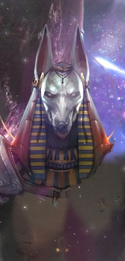 Anubis Egyptian god with mystical cosmic elements on mobile wallpaper