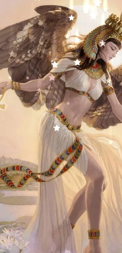 Elegant depiction of an Egyptian goddess with wings and radiant light background.