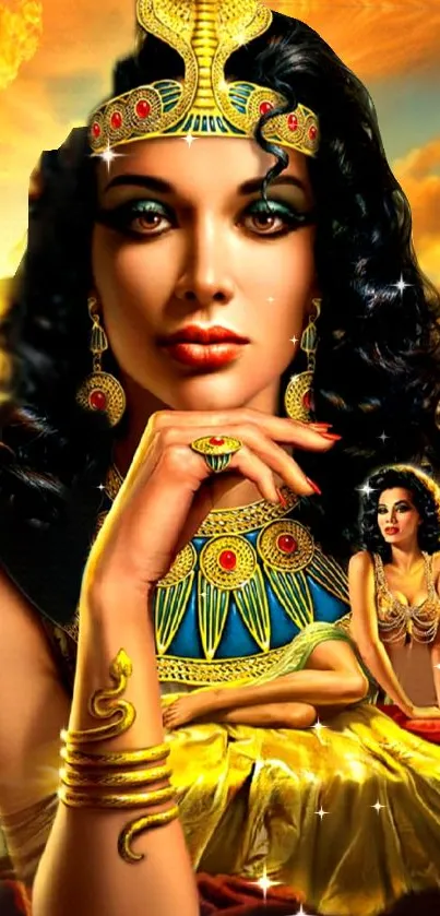 Elegant Egyptian goddess in golden hues, vibrant fantasy art wallpaper.