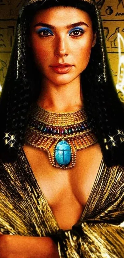 Egyptian goddess in gold with hieroglyphs on a mobile wallpaper.