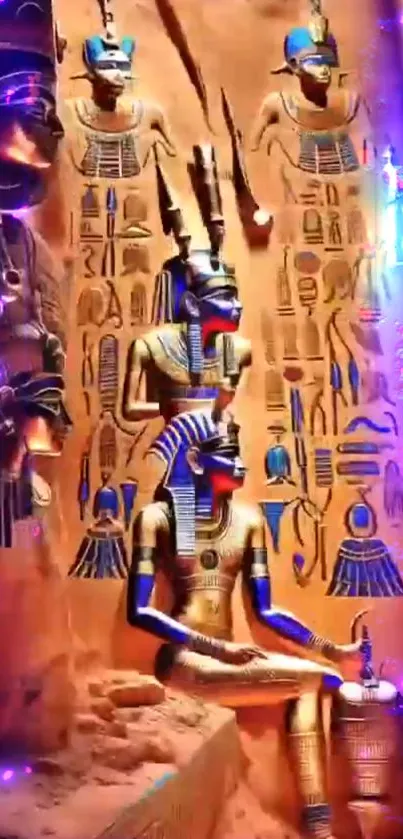 Colorful Egyptian hieroglyphs art with deities and symbols.