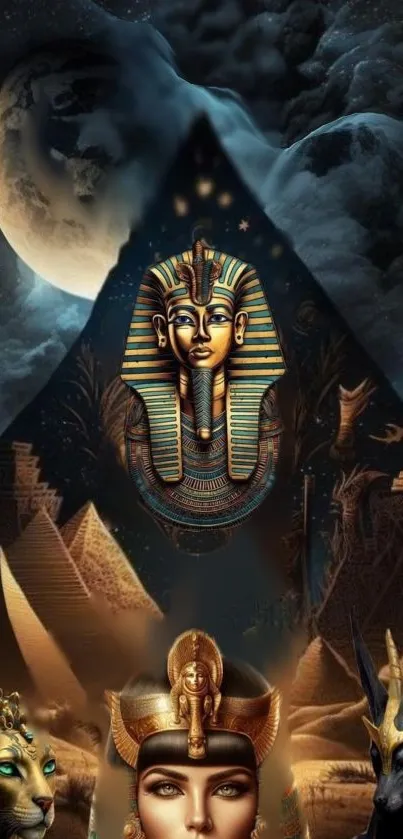 Mystical Egyptian art with pyramids and pharaohs under a moonlit sky.