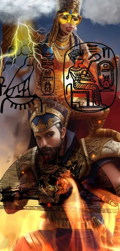 Ancient Egyptian mythology art wallpaper with symbols and vivid colors.