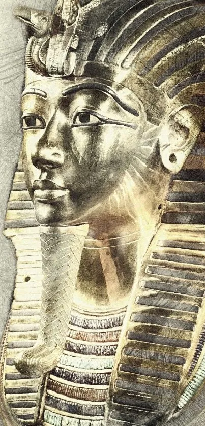 Golden Egyptian pharaoh mask with intricate details.