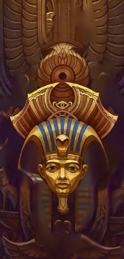 Golden pharaoh artwork set against intricate Egyptian background.