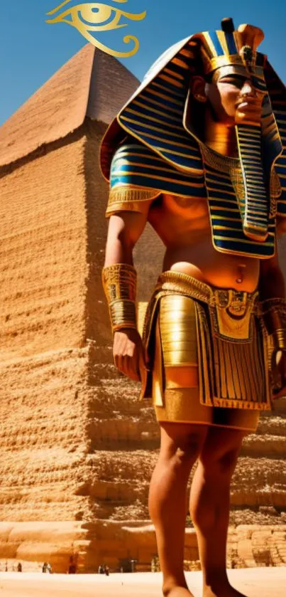 Egyptian pharaoh in golden armor stands before a pyramid with the Eye of Horus symbol.