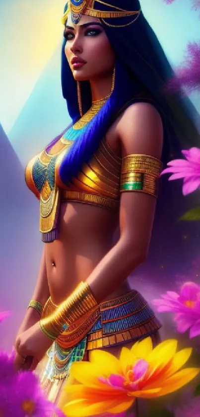 Fantasy art of Egyptian princess with colorful flowers and pyramids.