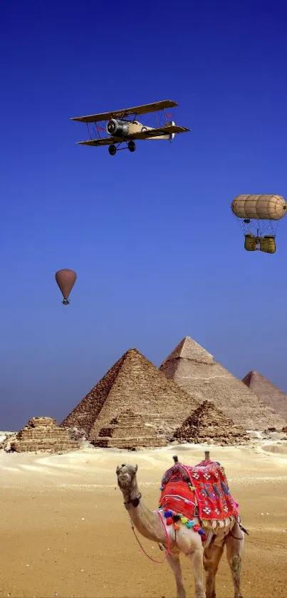 Surreal art of pyramids with camel and plane under a blue sky.