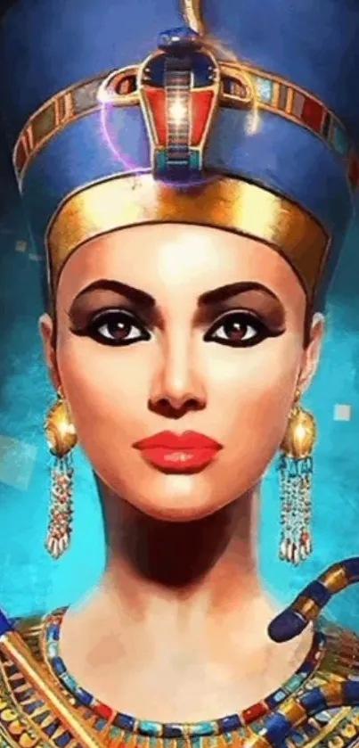 Digital artwork of an Egyptian queen with a vibrant blue headdress.