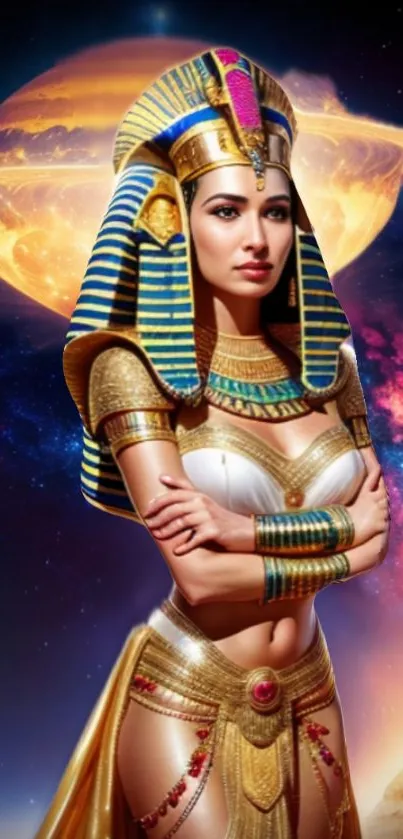 Egyptian queen in cosmic setting with golden attire and celestial backdrop.