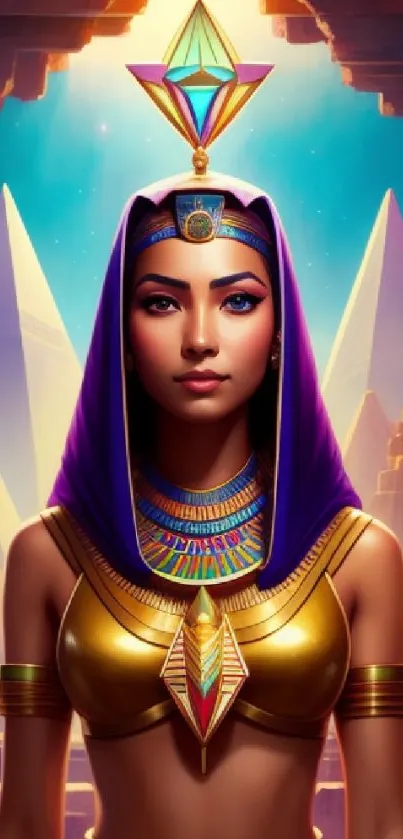 Egyptian queen with pyramids and vibrant colors wallpaper.