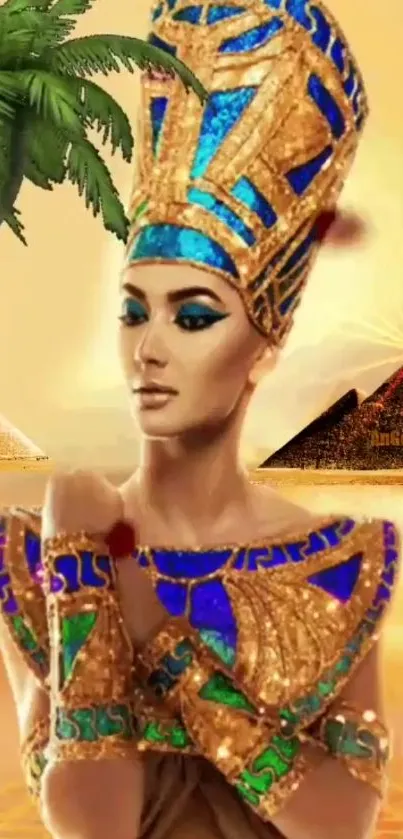 Egyptian queen with pyramids and palm trees in vibrant colors.