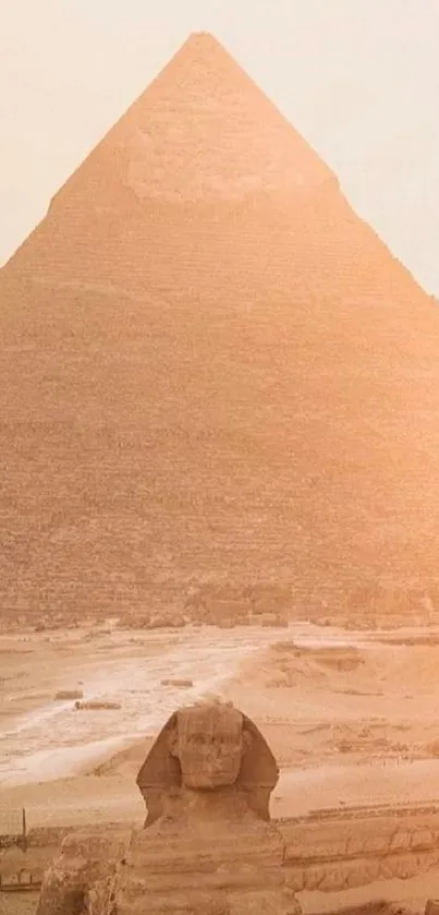 Mobile wallpaper of Egypt's Great Pyramid and Sphinx in a sandy desert setting.