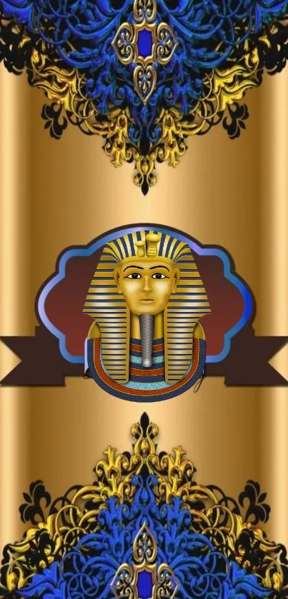 Egyptian themed wallpaper with gold and blue intricate design.