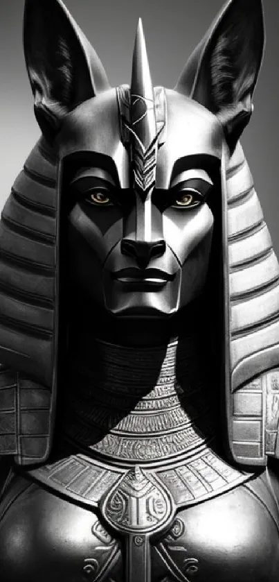 Metallic Egyptian warrior with intricate armor set against a gray backdrop.