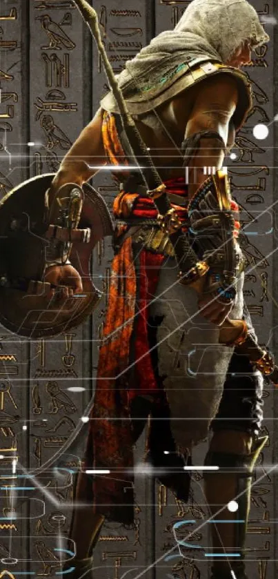 Egyptian warrior stands before hieroglyphic background, holding weapons.