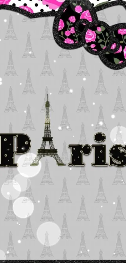 Paris-themed mobile wallpaper with Eiffel Tower and pink floral design.