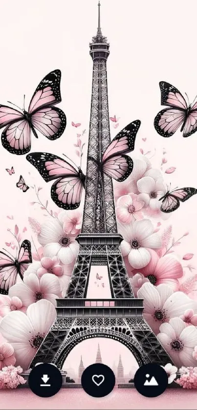 Eiffel Tower with butterflies and flowers in pink tones.