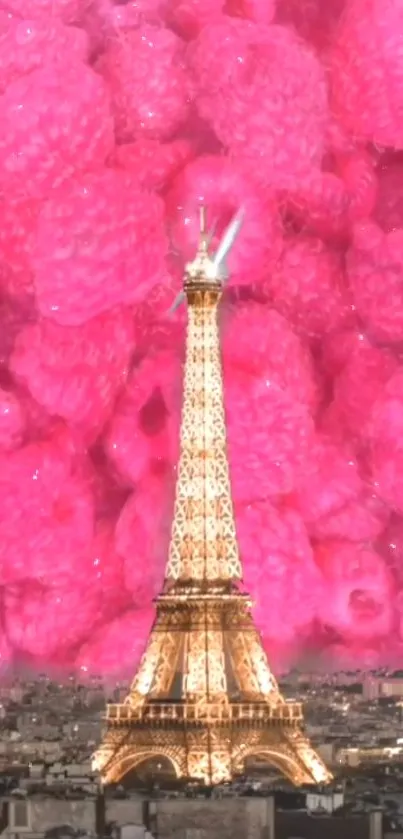 Eiffel Tower over vibrant pink raspberry background.