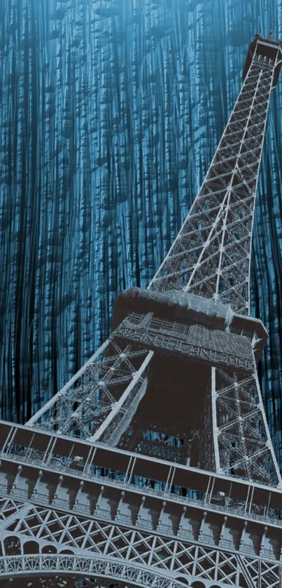 Eiffel Tower artwork on blue abstract background in vertical format.