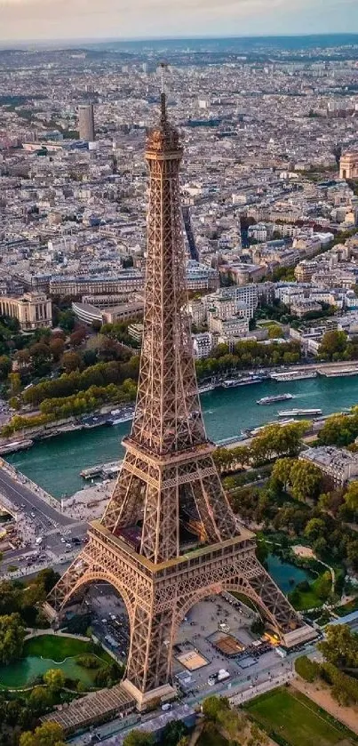 Aerial view of Eiffel Tower with cityscape and river.