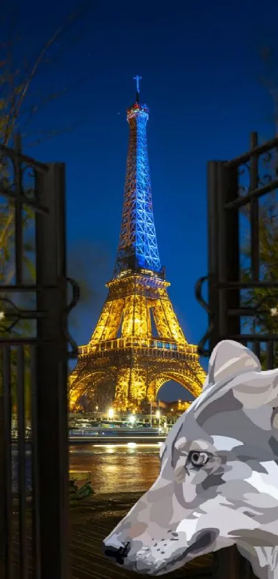 Wolf and Eiffel Tower at night wallpaper art.