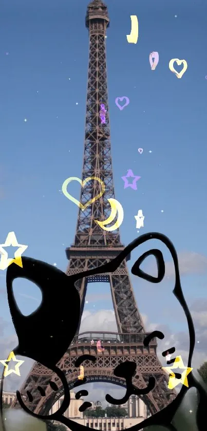 Eiffel Tower with doodles on a pastel sky background.