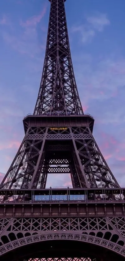 Eiffel Tower at dusk with purple and blue sky.