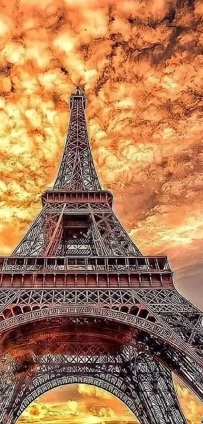 Eiffel Tower against an amber sunset sky.