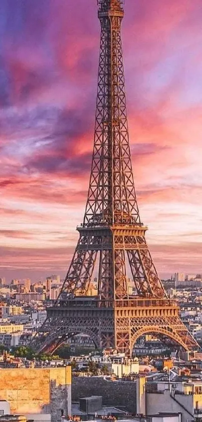 Eiffel Tower in Paris at sunset with a vibrant purple and pink sky.