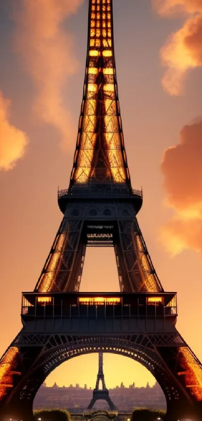 Stunning Eiffel Tower at sunset with vibrant orange skies.