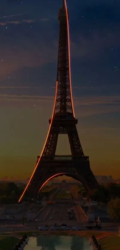 Eiffel Tower in Paris at twilight with a stunning evening sky.