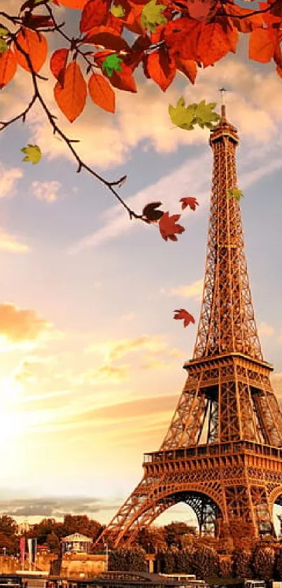 Eiffel Tower in autumn with orange leaves at sunset.