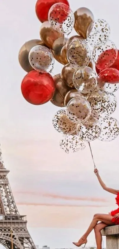 Paris wallpaper with balloons and Eiffel Tower at sunset.