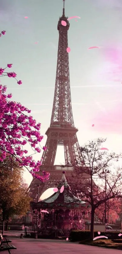 Eiffel Tower with cherry blossoms and a pastel sky.