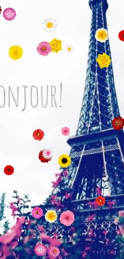 Eiffel Tower with flowers and 'Bonjour' text in scenic view.