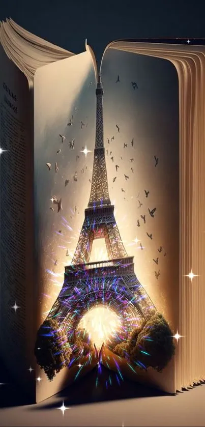 Eiffel Tower emerges from an open book, surrounded by birds in warm light.