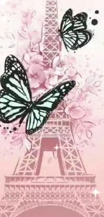 Eiffel Tower and butterflies with floral accents in light pink tones.