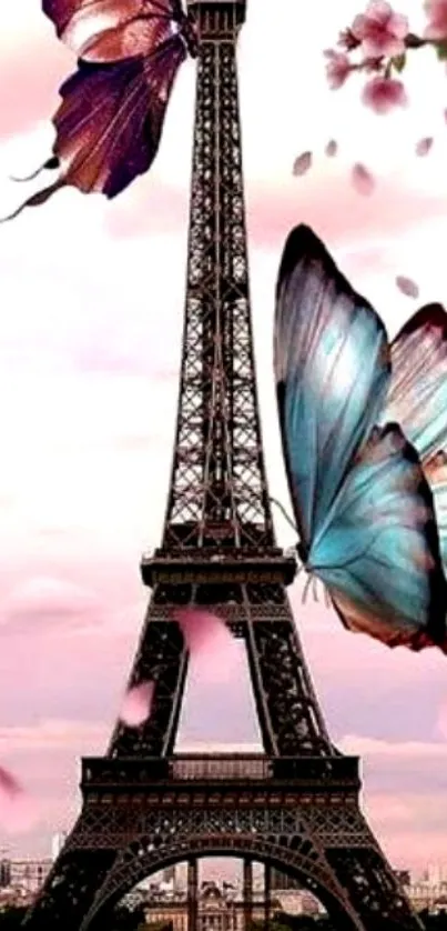 Eiffel Tower with butterflies and blossoms in pink tones.