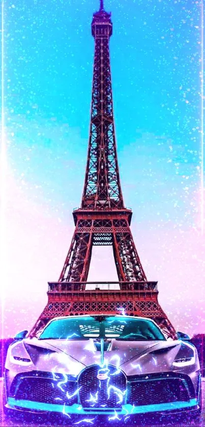 Luxury car in front of Eiffel Tower under a vibrant evening sky.