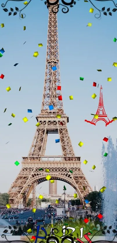 Eiffel Tower with colorful confetti in Paris backdrop.