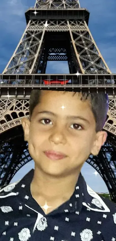 Smiling child in front of Eiffel Tower with blue sky.