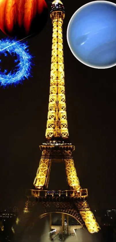 Eiffel Tower with cosmic planets in vibrant colors at night.