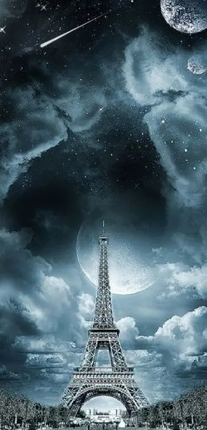 Eiffel Tower with cosmic night sky and stars in a surreal mobile wallpaper.