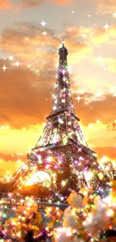 Eiffel Tower sparkles at sunset with vibrant golden hues.