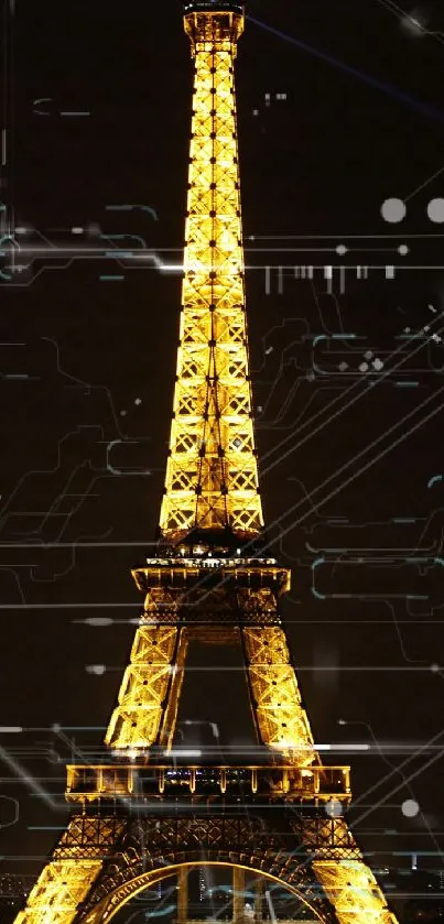 Eiffel Tower with a digital tech overlay glowing at night.